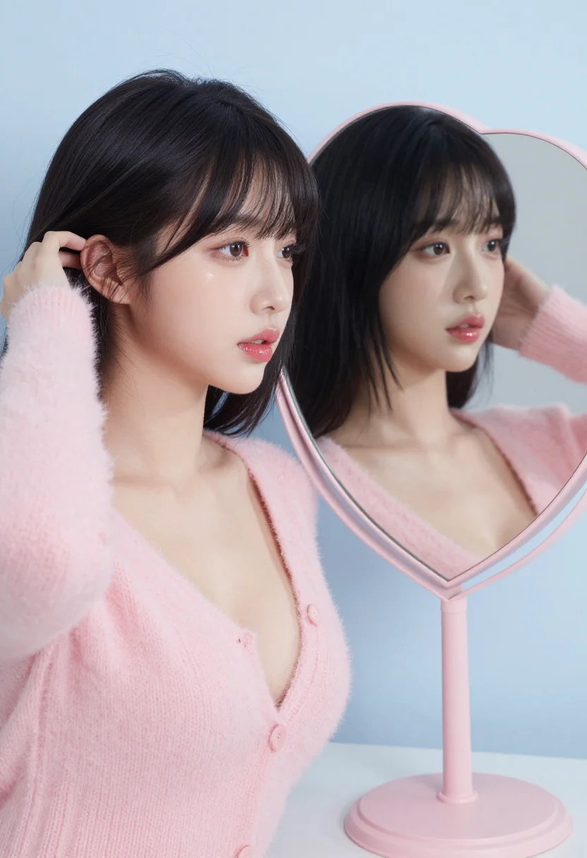 AI idol photocard sample — portrait of an adult woman, three-quarter view with the round catchlight in each eye