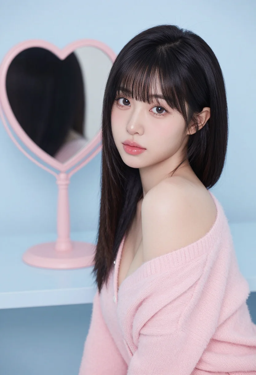AI idol photocard sample — portrait of an adult woman, side view against the powder-blue backdrop