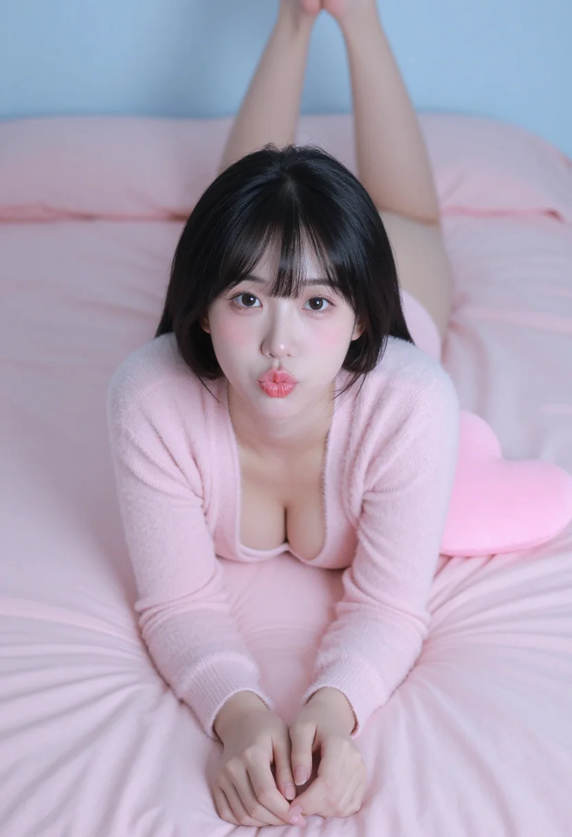 AI idol photocard sample — portrait of an adult woman, shot from above on the pastel bedspread