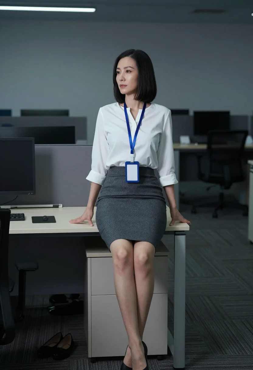 AI new hire office sample — portrait of a woman, three-quarter-length rear portrait of an adult woman at a desk