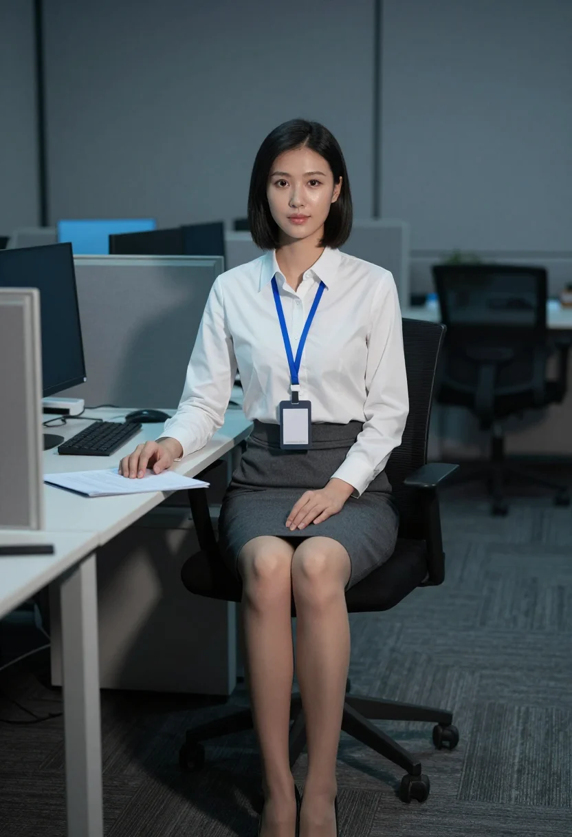AI new hire office sample — portrait of a woman, three-quarter-length near-frontal portrait of an adult woman at a desk