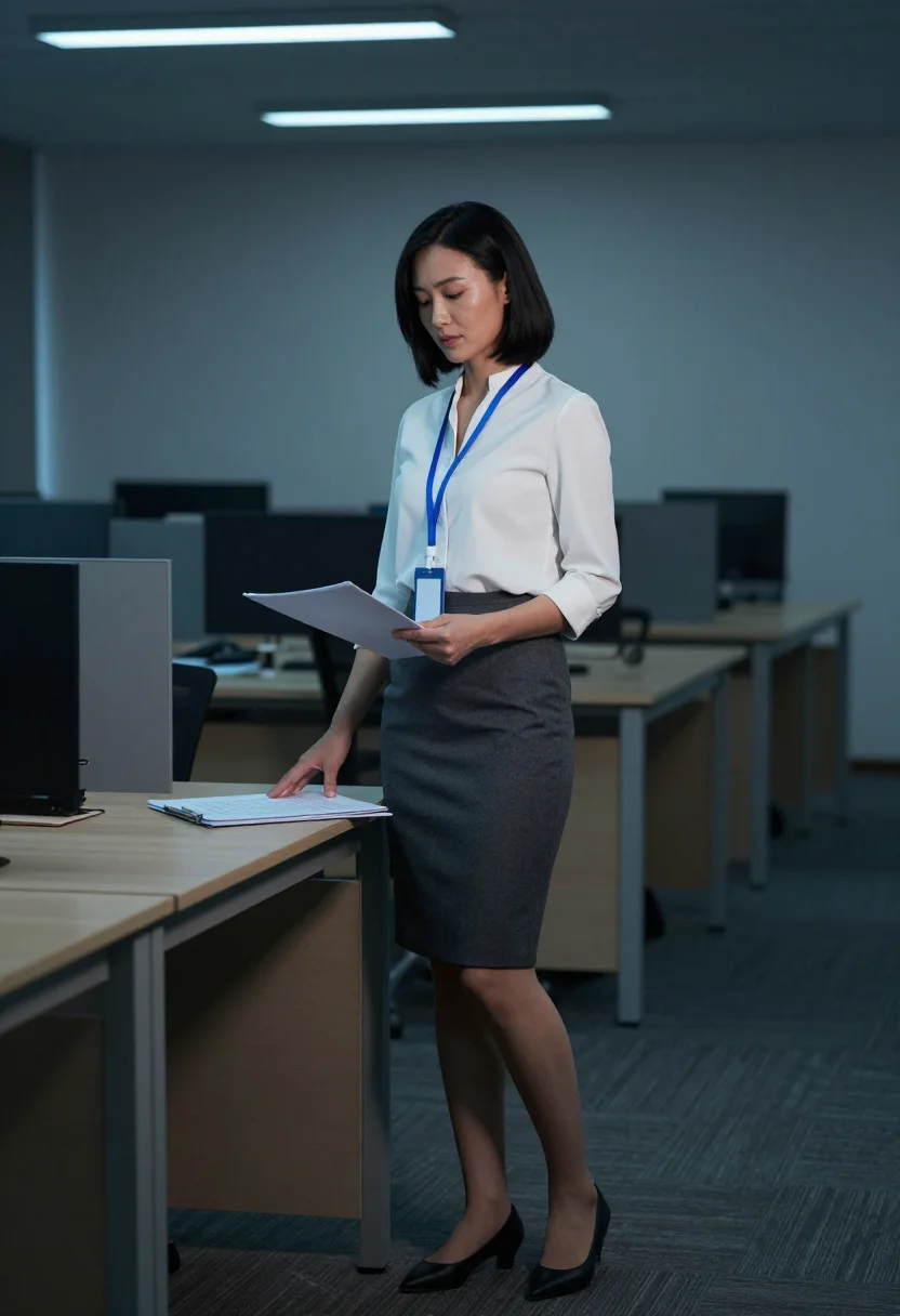 AI new hire office sample — portrait of a woman, full-length side portrait of an adult woman by a window