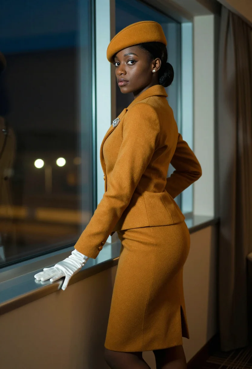 AI jet age stewardess sample — portrait of a woman, an African-American woman in her late t