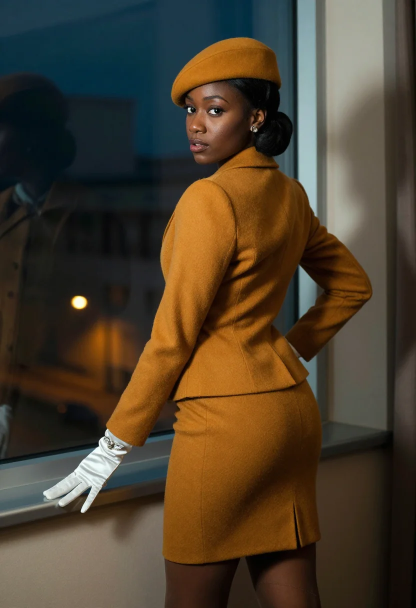 AI jet age stewardess sample — portrait of a woman, an African-American woman in her late t