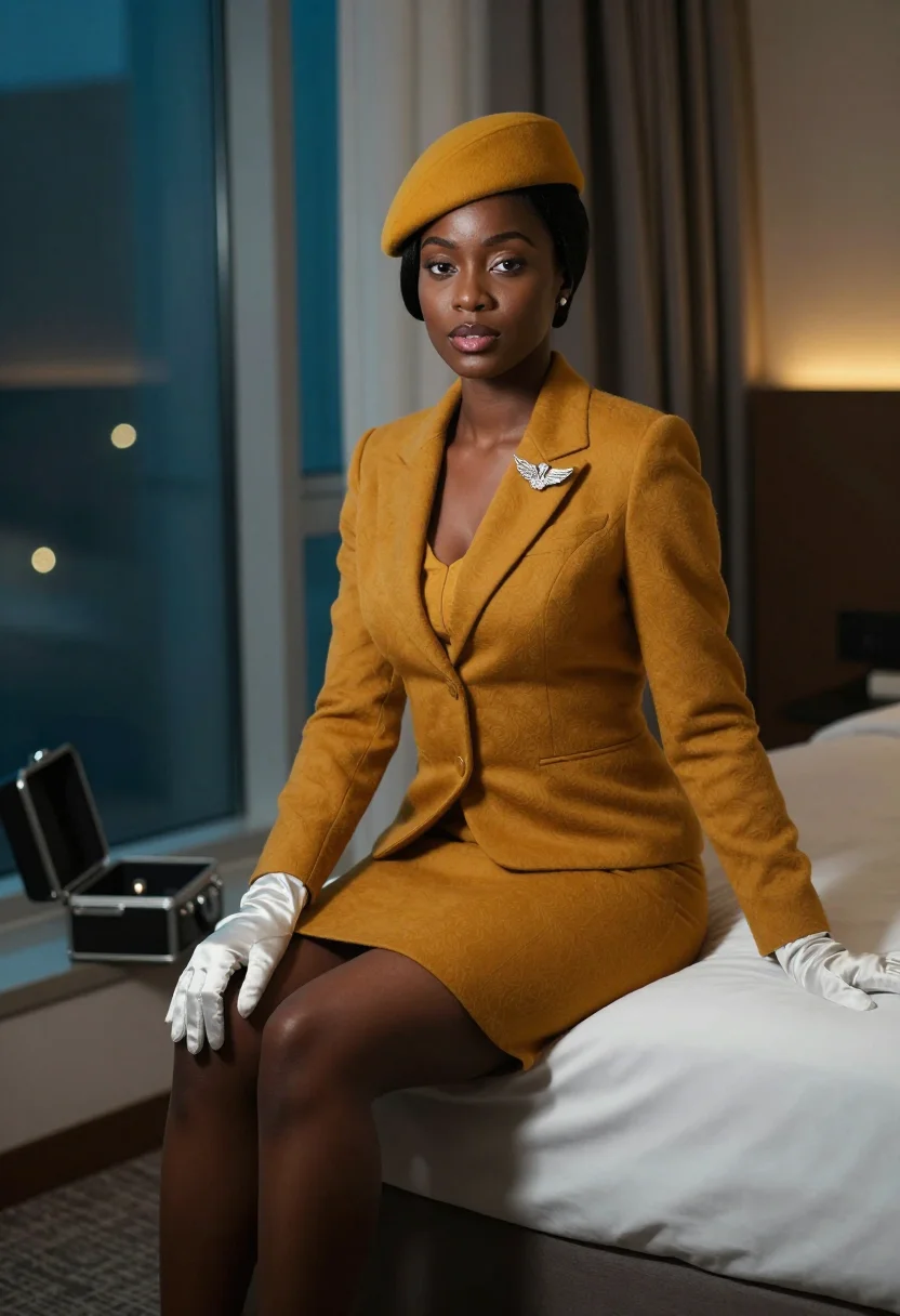 AI jet age stewardess sample — portrait of a woman, an African-American woman in her late t