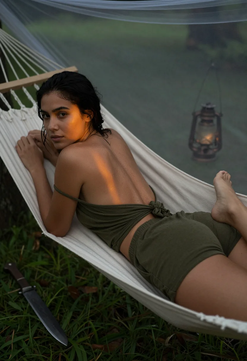 AI jungle camp sample — portrait of a woman, prone frame of a grown woman with warm 