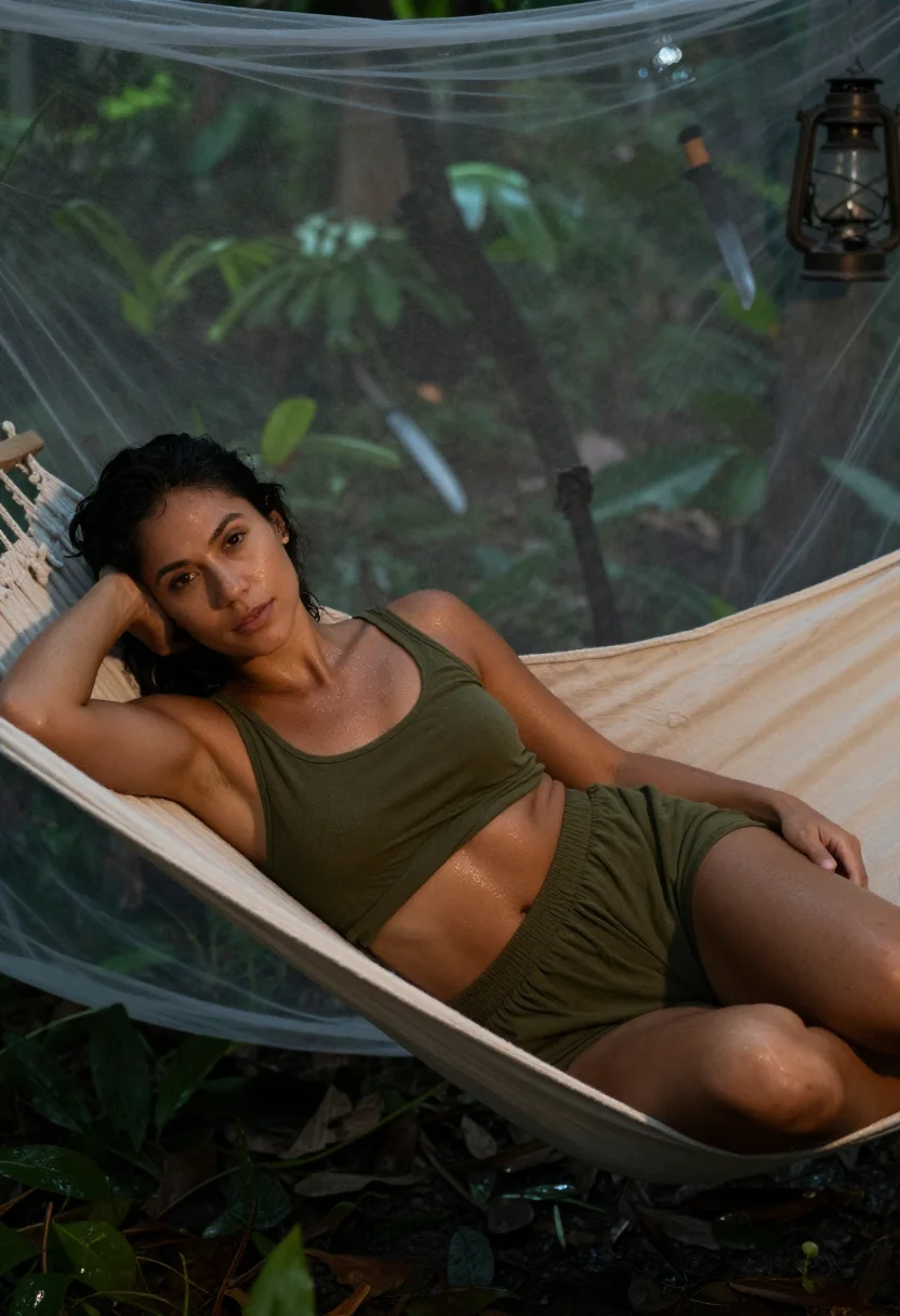 AI jungle camp sample — portrait of a woman, three-quarter side-lying frame of a gro