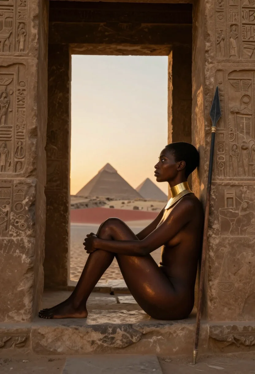 AI kandake meroe sample — portrait of a woman, full-length side view of an adult Sudanese Nubian woman in the desert light