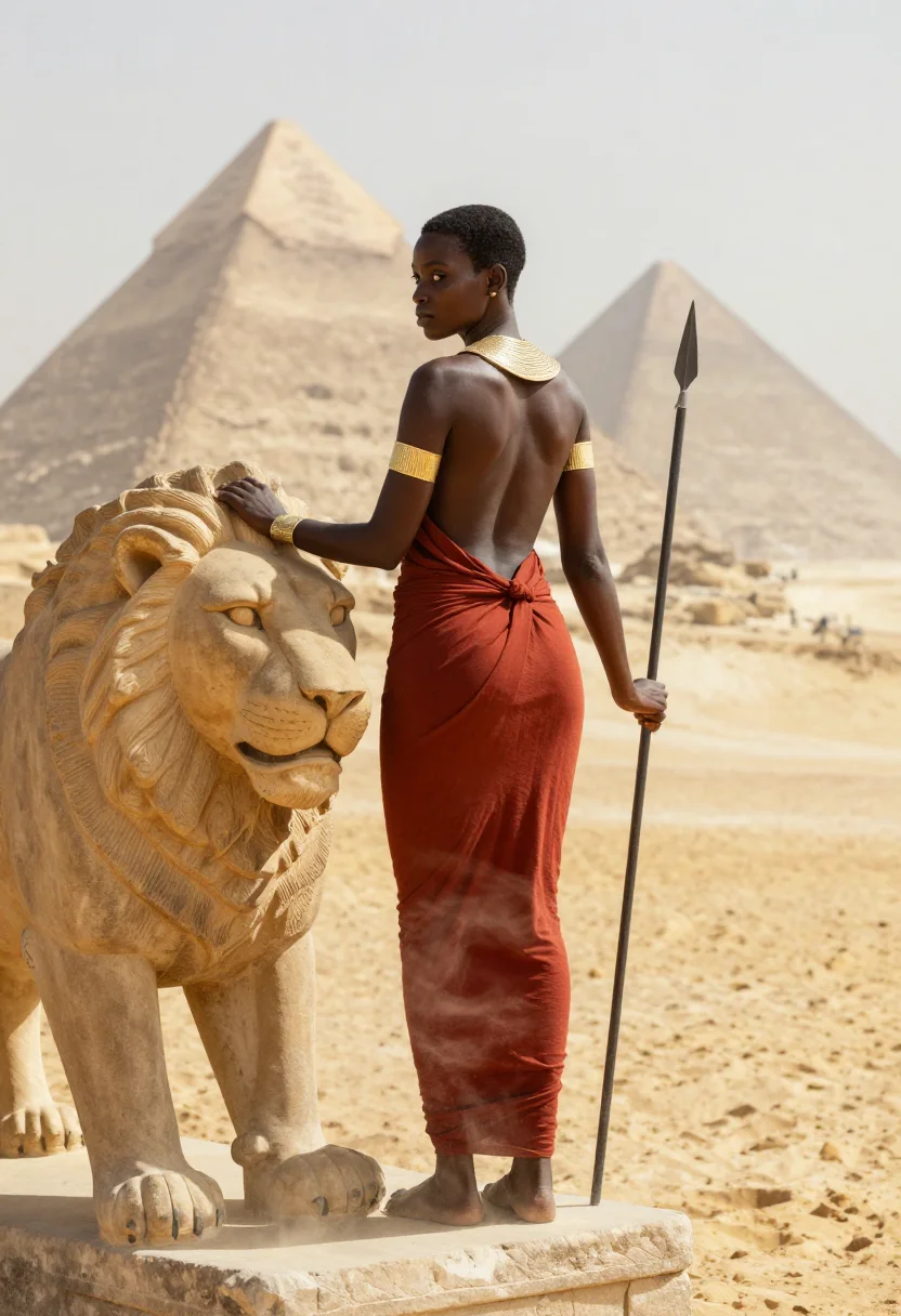 AI kandake meroe sample — portrait of a woman, full-length rear three-quarter view of an adult Sudanese Nubian woman with the spear
