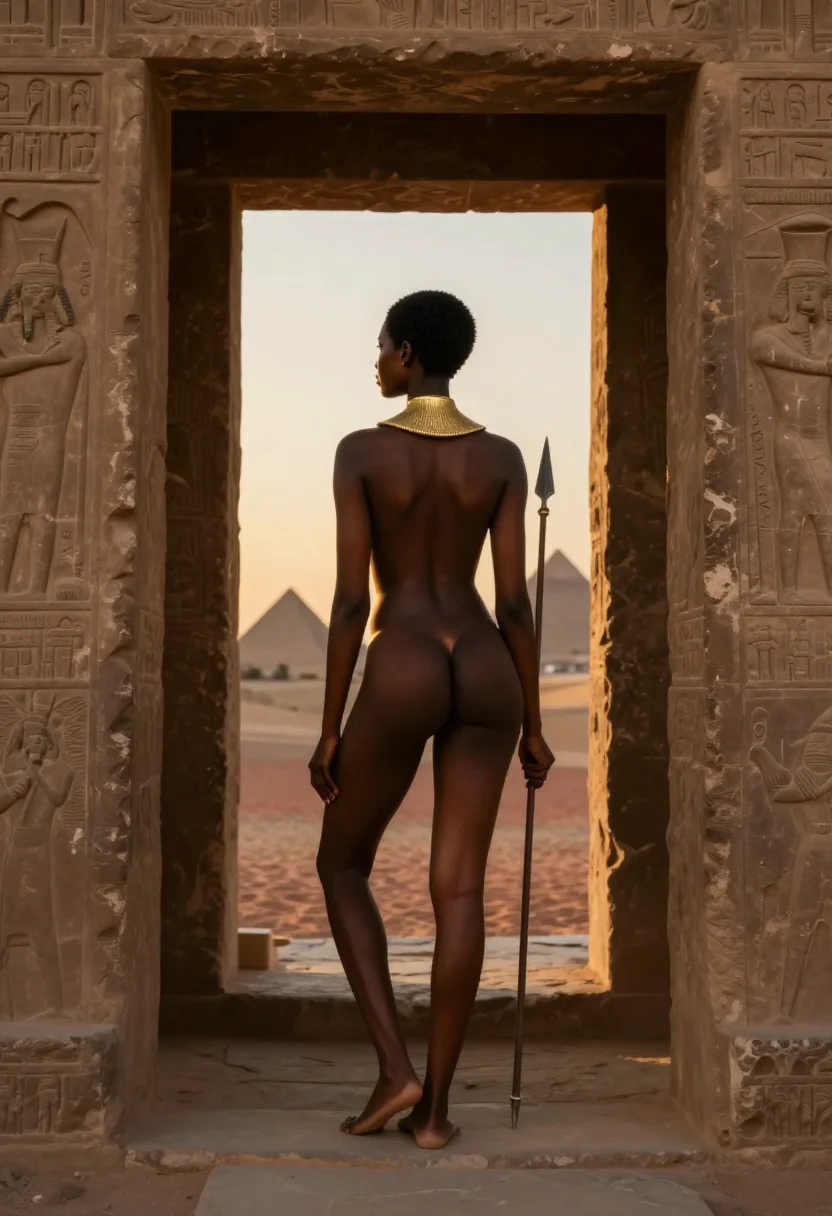 AI kandake meroe sample — portrait of a woman, full-length rear view of an adult Sudanese Nubian woman at the pyramid doorway
