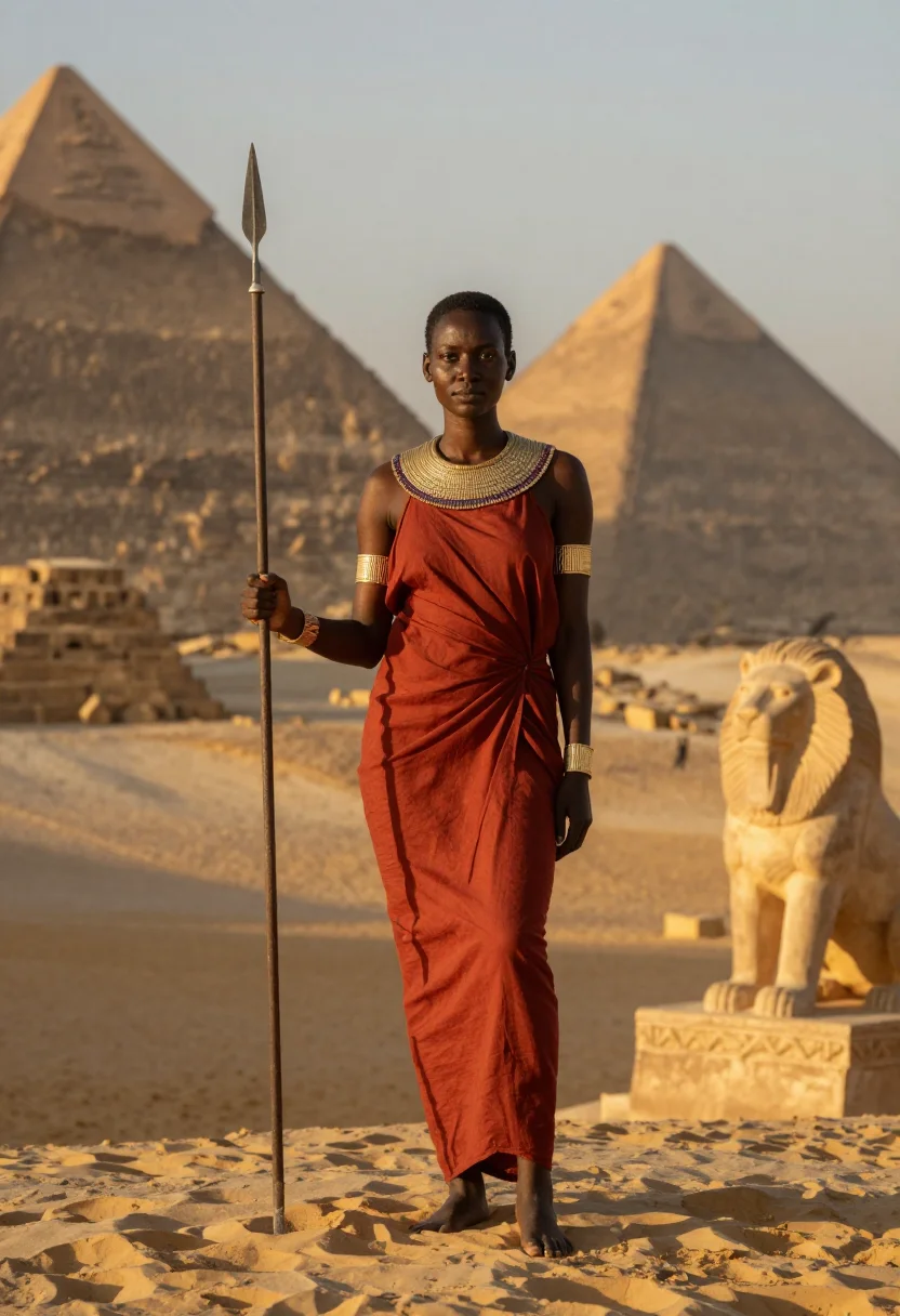 AI kandake meroe sample — portrait of a woman, full-length three-quarter view of an adult Sudanese Nubian woman among the pyramids