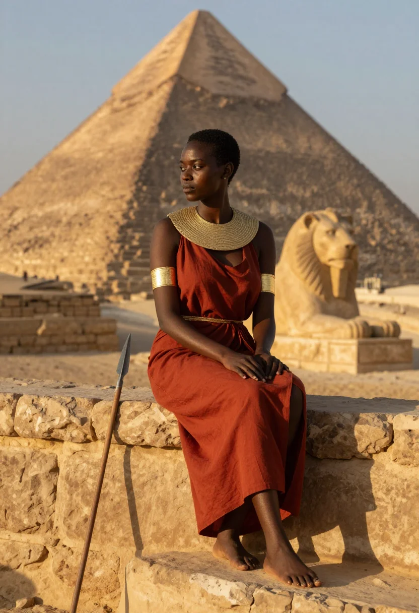 AI kandake meroe sample — portrait of a woman, three-quarter view of an adult Sudanese Nubian woman in the red ochre sheath