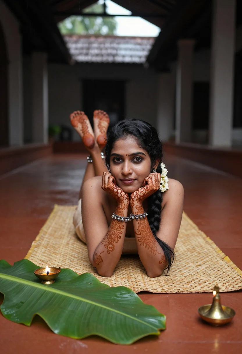 AI kerala mehndi feet sample — portrait of a woman, an adult Malayali woman of about twenty from above
