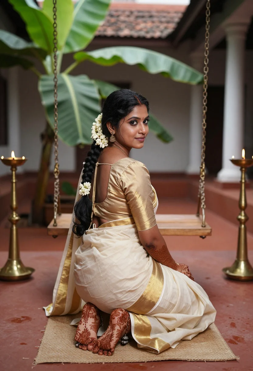 AI kerala mehndi feet sample — portrait of a woman, an adult Malayali woman of about twenty seated on the steps