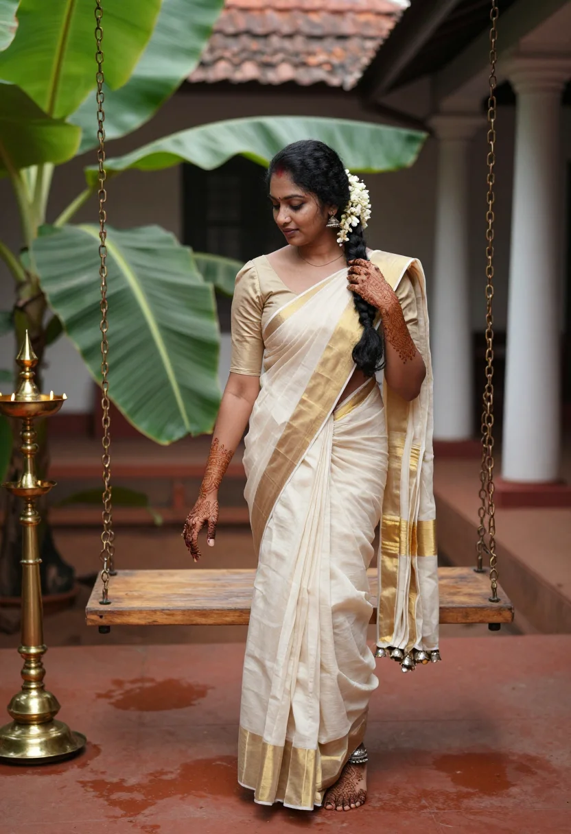 AI kerala mehndi feet sample — portrait of a woman, an adult Malayali woman of about twenty by the brass lamps
