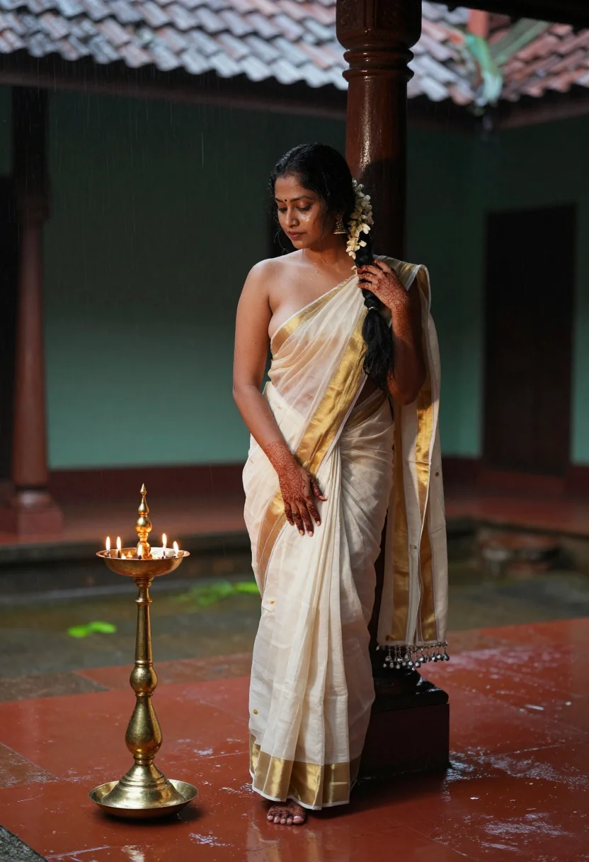 AI kerala mehndi feet sample — portrait of a woman, an adult Malayali woman of about twenty from the rear