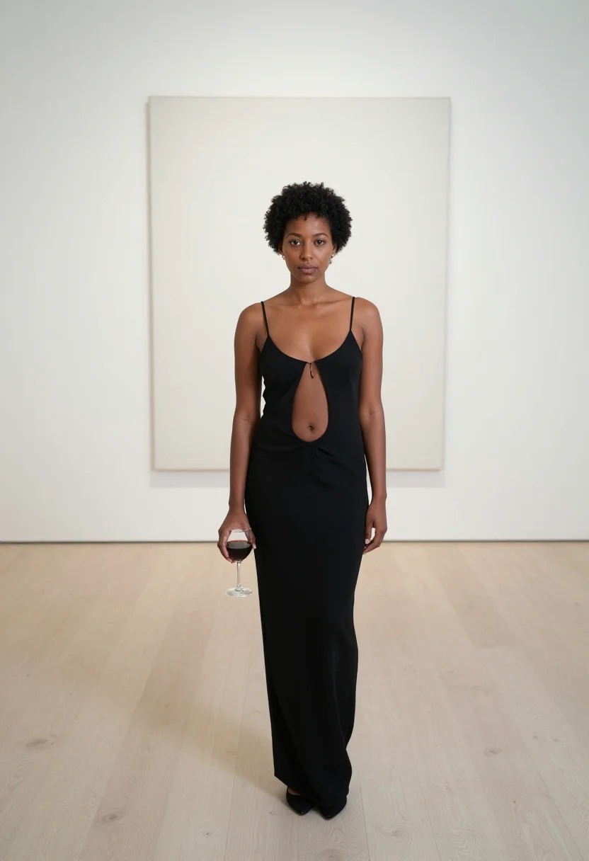 AI keyhole dress sample — portrait of an adult woman, with deep umber skin, dark brown
