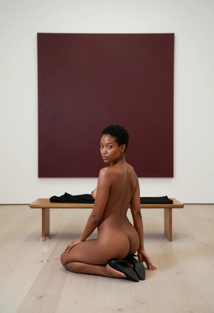 AI keyhole dress sample — portrait of an adult woman, with deep umber skin, dark brown