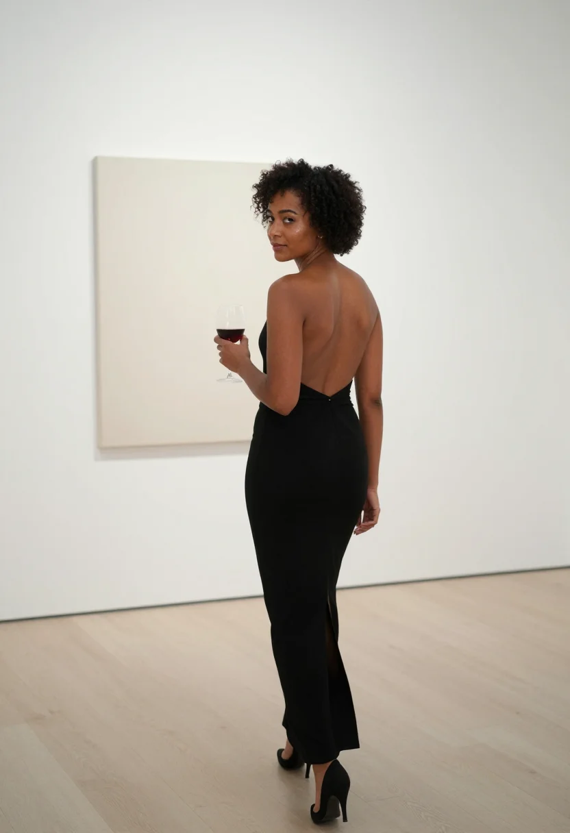 AI keyhole dress sample — portrait of an adult woman, with deep umber skin, dark brown