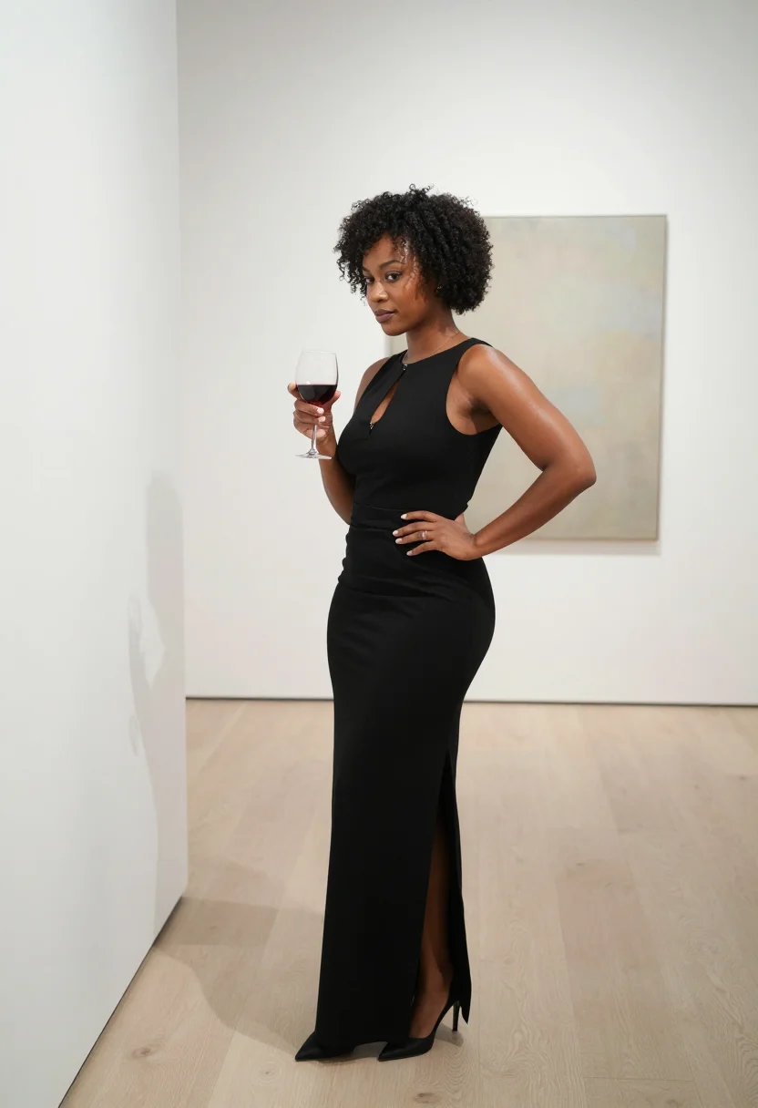 AI keyhole dress sample — portrait of an adult woman, with deep umber skin, dark brown