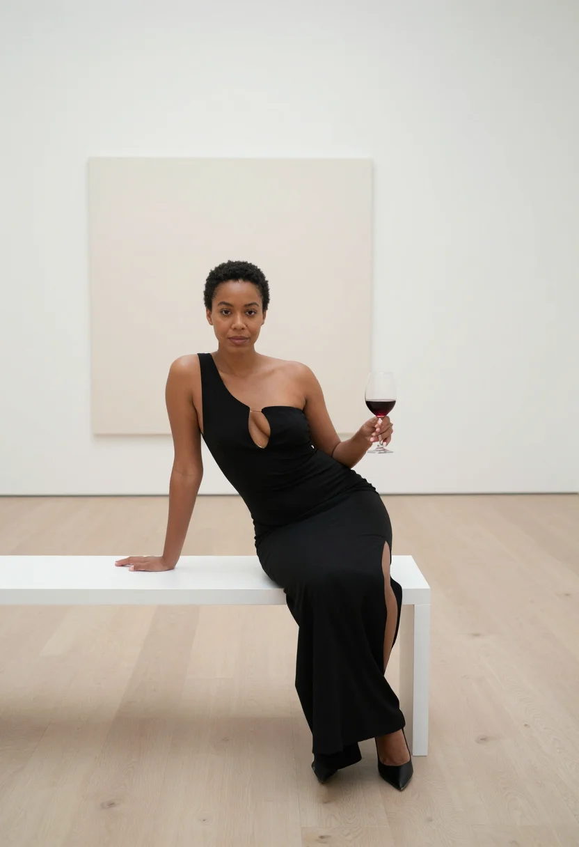 AI keyhole dress sample — portrait of an adult woman, with deep umber skin, dark brown
