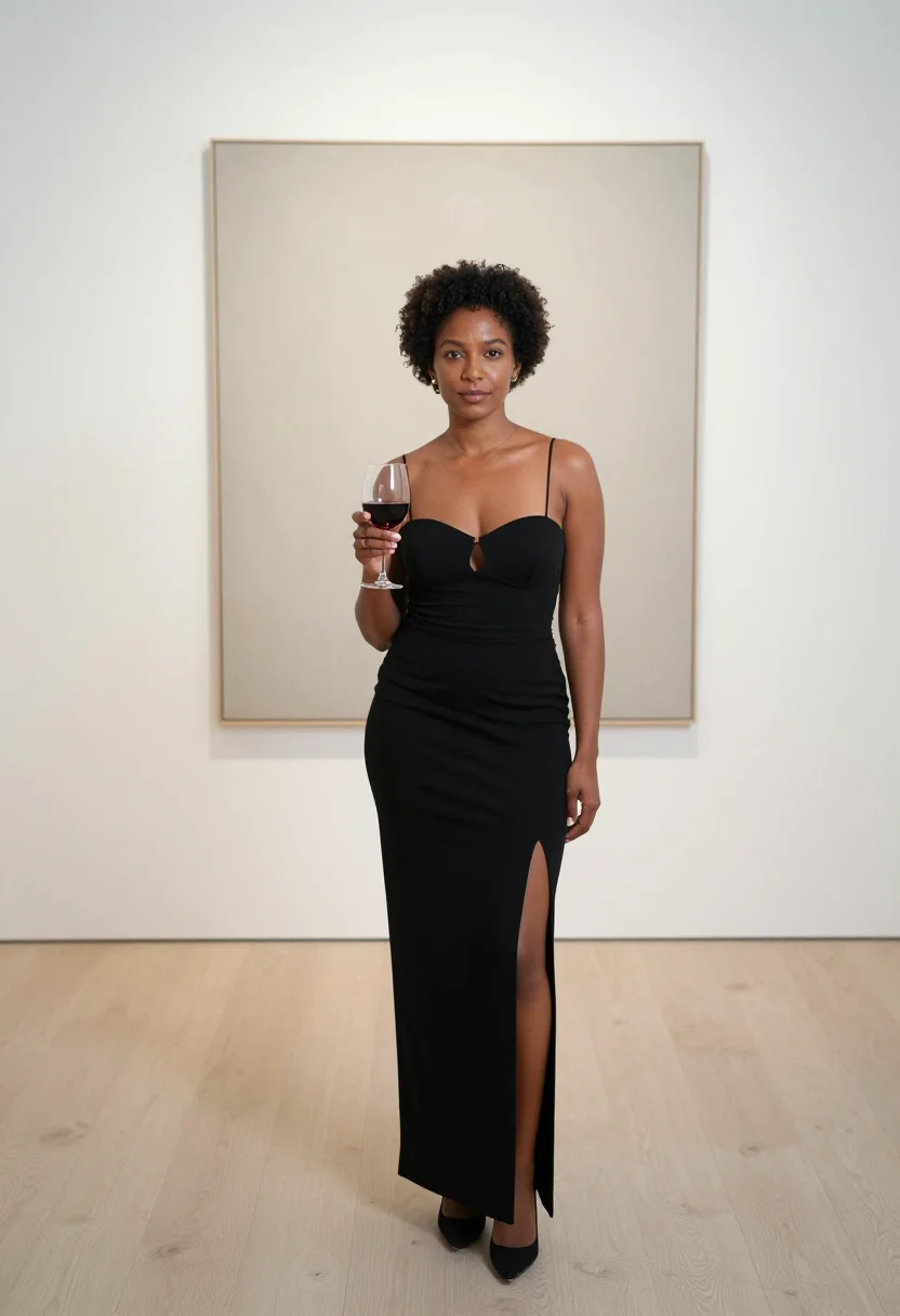 AI keyhole dress sample — portrait of an adult woman, with deep umber skin, dark brown