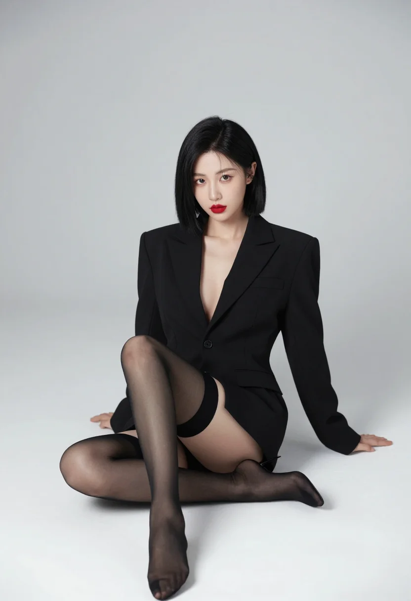 AI kpop magazine cover sample — photograph of a woman, full-length three-quarter view in the blazer and sheer stockings