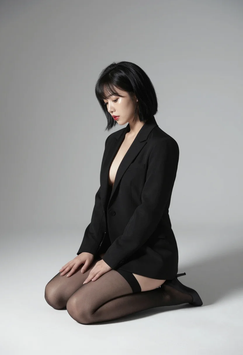 AI kpop magazine cover sample — photograph of a woman, full-length side profile with the chin raised
