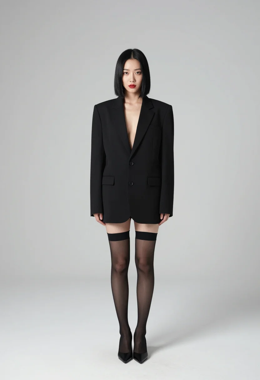 AI kpop magazine cover sample — photograph of a woman, full-length frontal view in a tailored black blazer on the white cyc