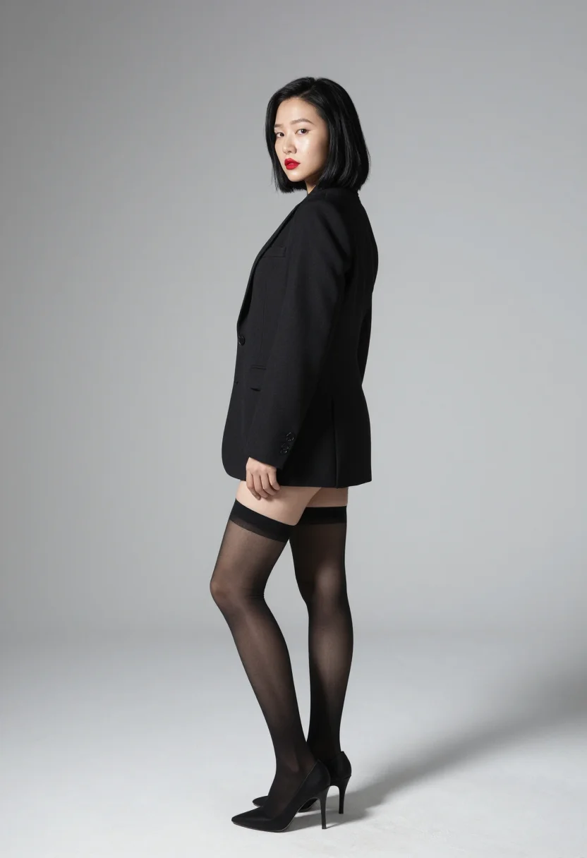 AI kpop magazine cover sample — photograph of a woman, full-length side profile in the blazer under the hard flash