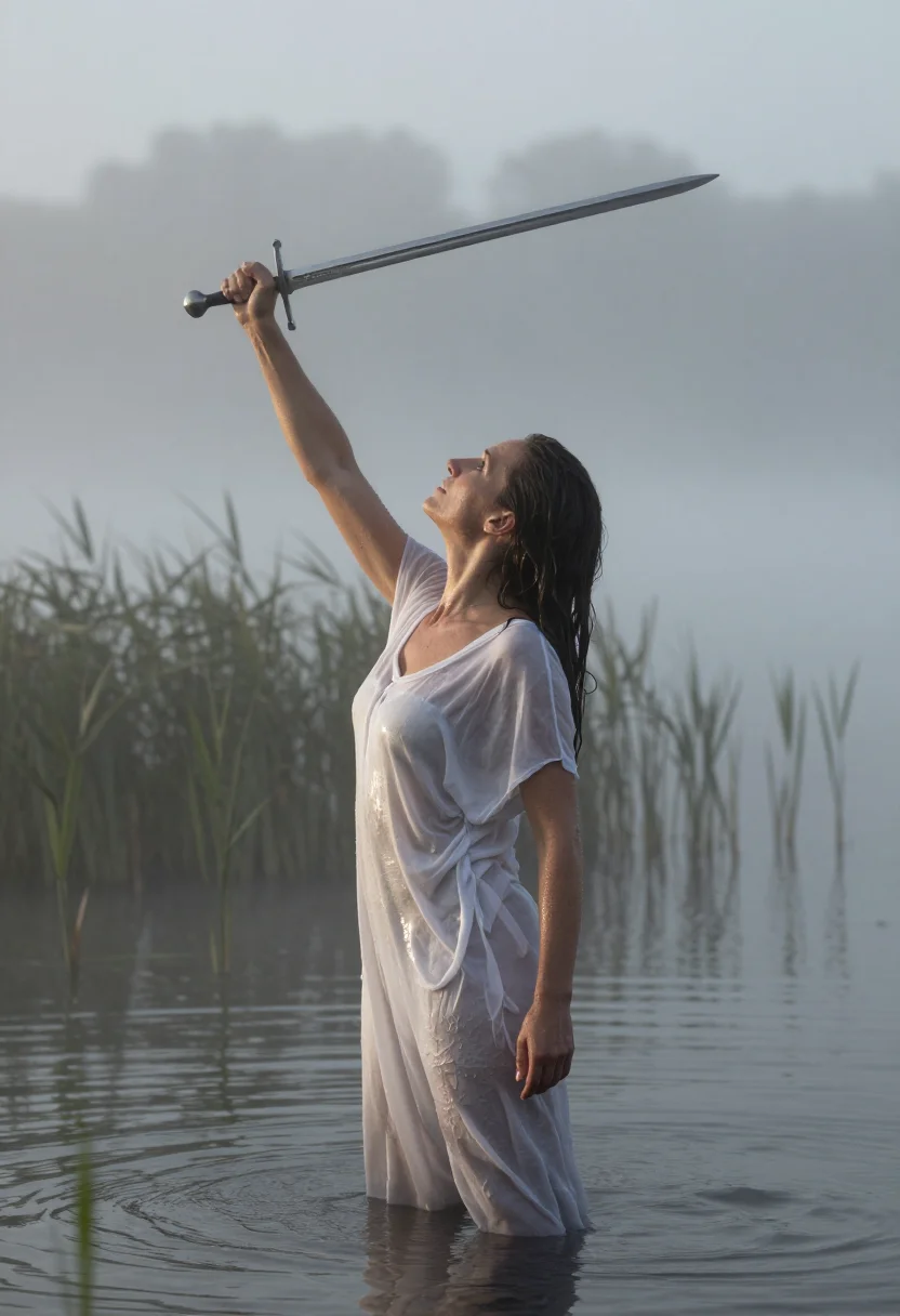 AI lady of the lake sample — portrait of an adult woman, side view among the reeds in silver dawn light