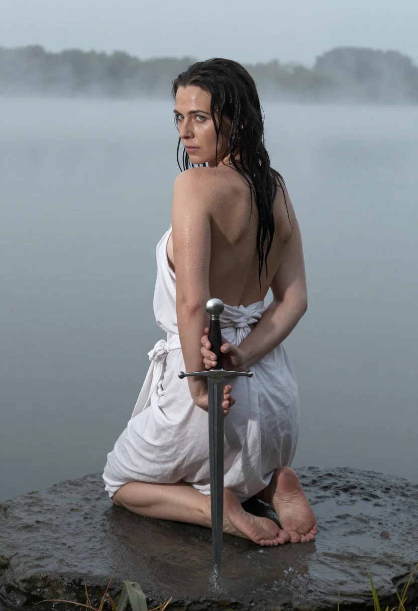 AI lady of the lake sample — portrait of an adult woman, three-quarter view with long wet dark hair