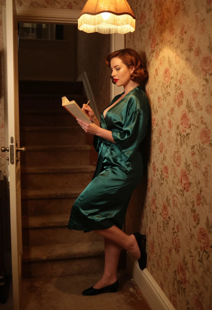 AI landlady upstairs sample — portrait of a woman, a mature adult woman of forty-six, in profile on the narrow landing