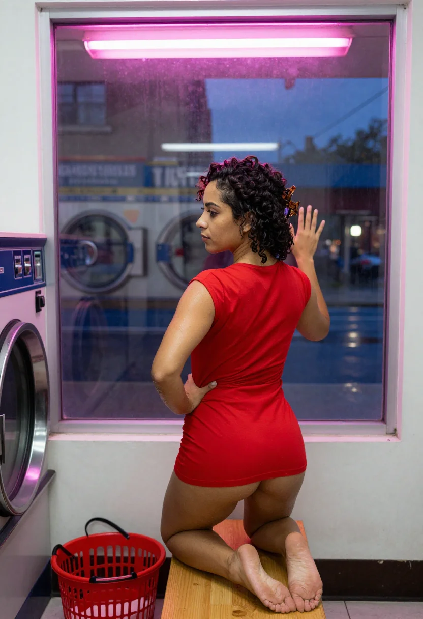AI laundromat shrunk dress sample — portrait of a woman, an adult Puerto Rican woman in her late twenties from the rear