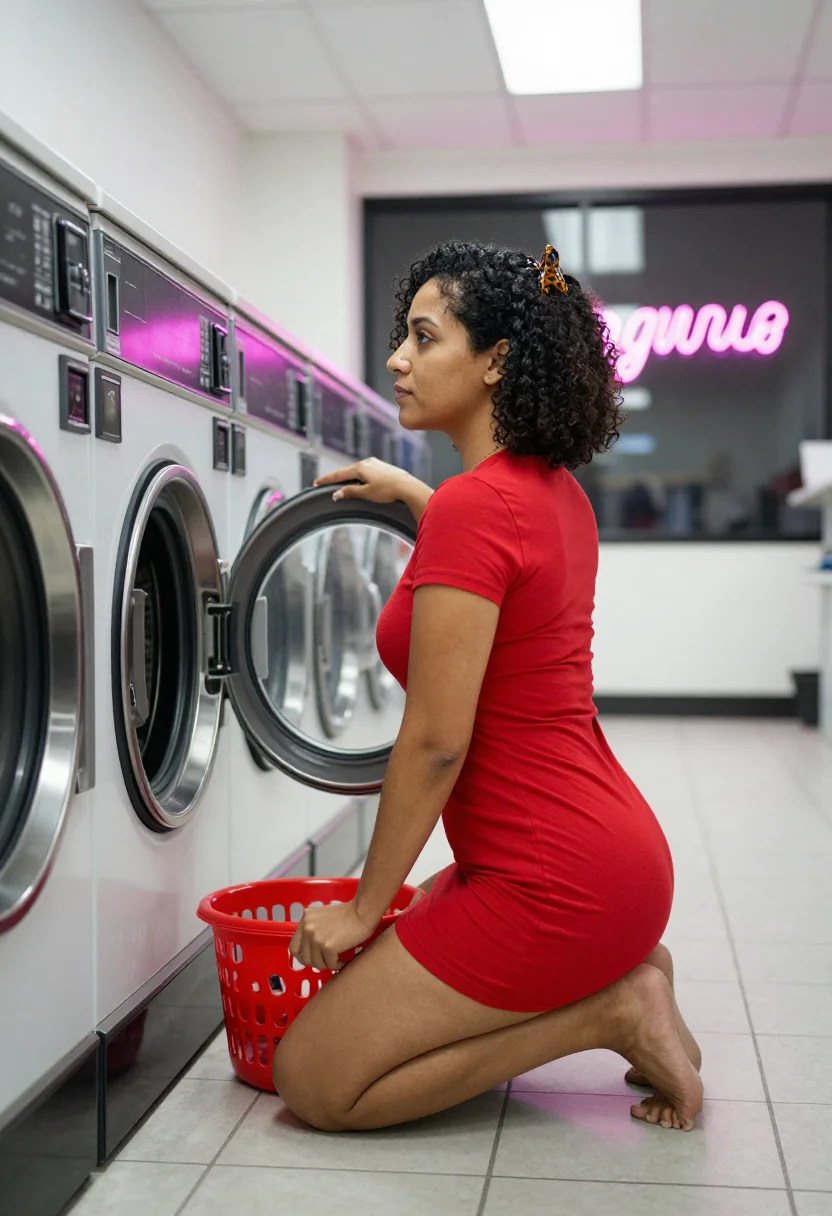 AI laundromat shrunk dress sample — portrait of a woman, an adult Puerto Rican woman in her late twenties at the open dryer