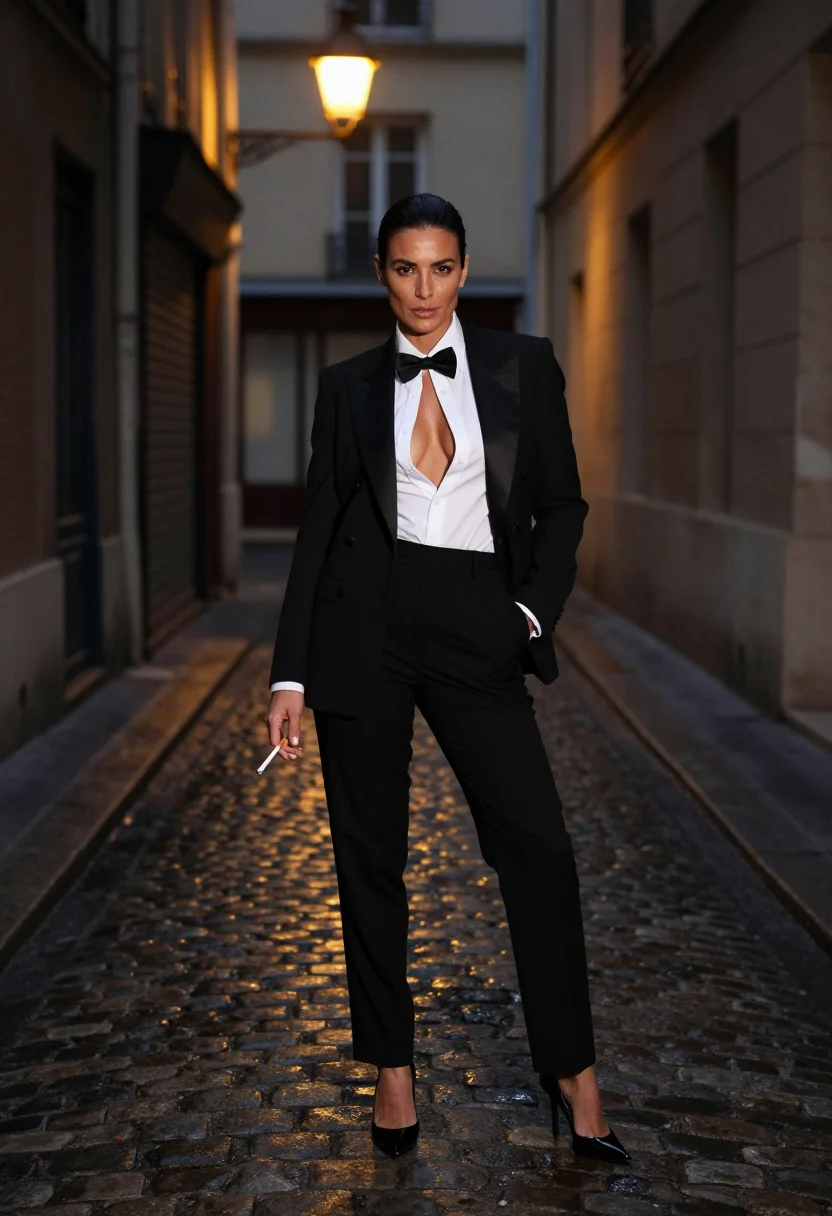 AI le smoking sample — portrait of a woman, an adult woman with olive-toned Mediterranean skin, in a black tuxedo jacket and trousers under a street lamp, the bow tie loose.