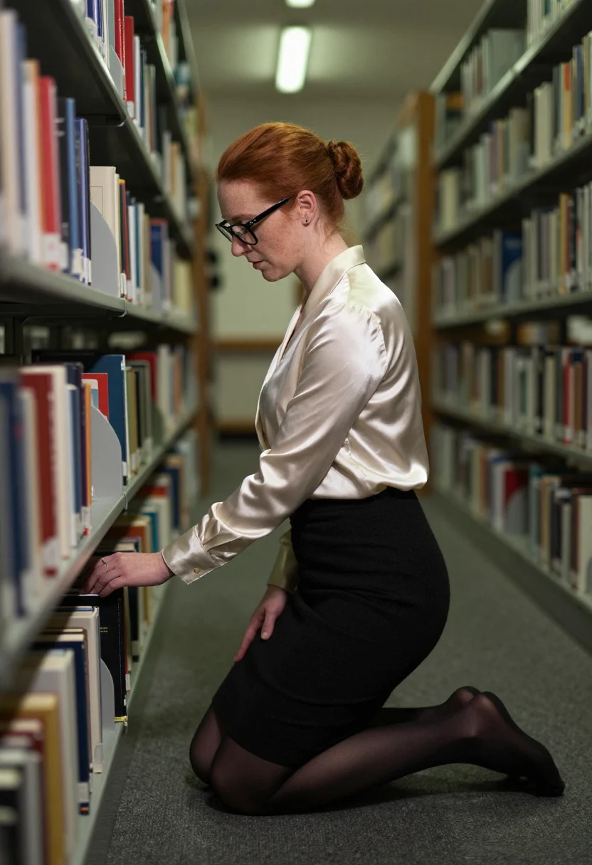 AI librarian shush close sample — portrait of a woman, full-length side view by the returns cart