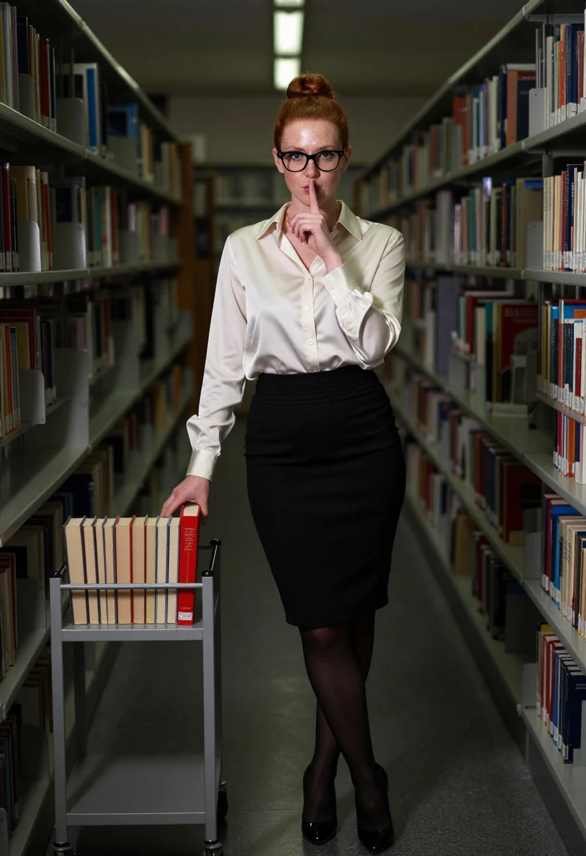 AI librarian shush close sample — portrait of a woman, three-quarter-length three-quarter view at the desk