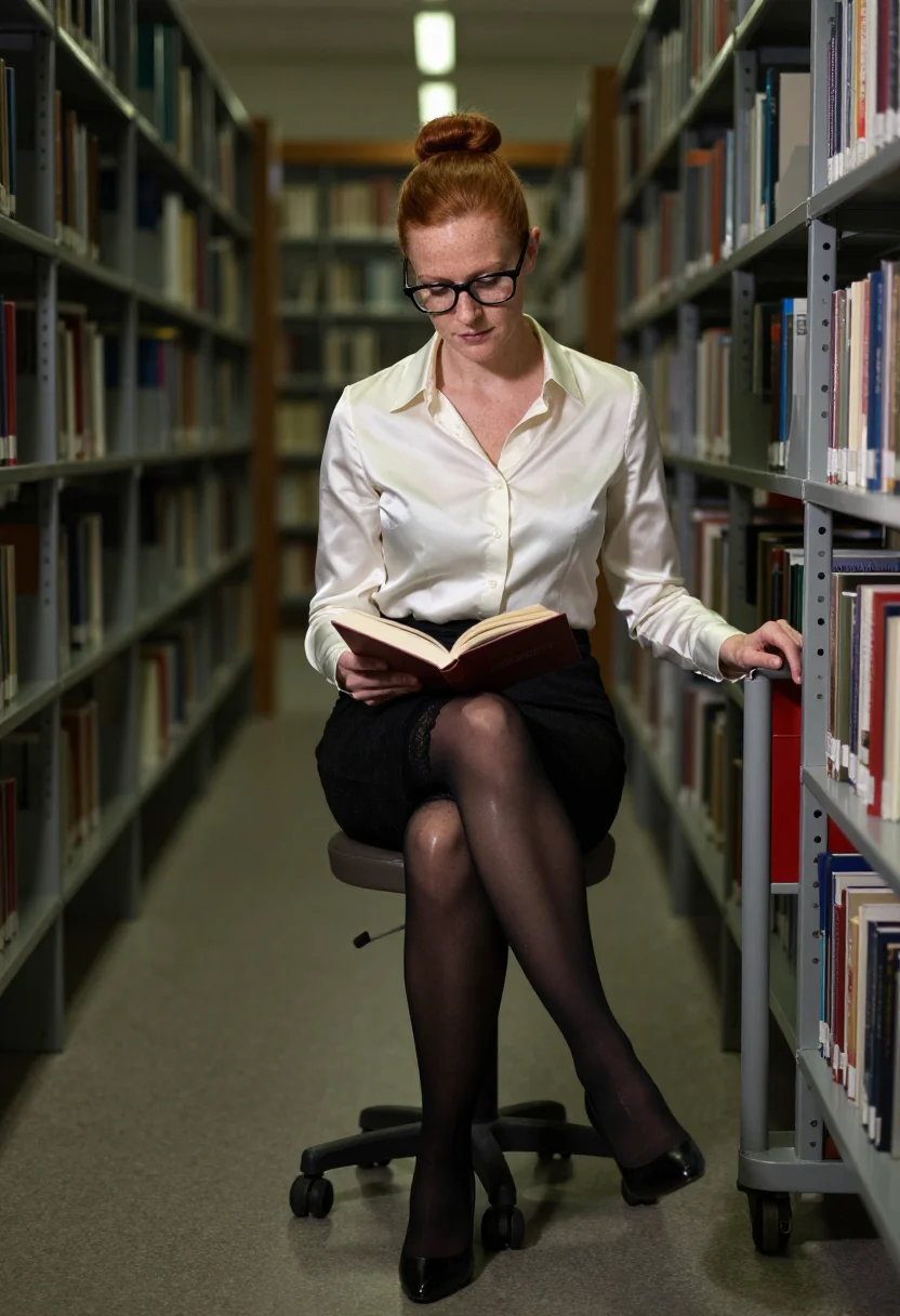 AI librarian shush close sample — portrait of a woman, full-length three-quarter view by the tube light