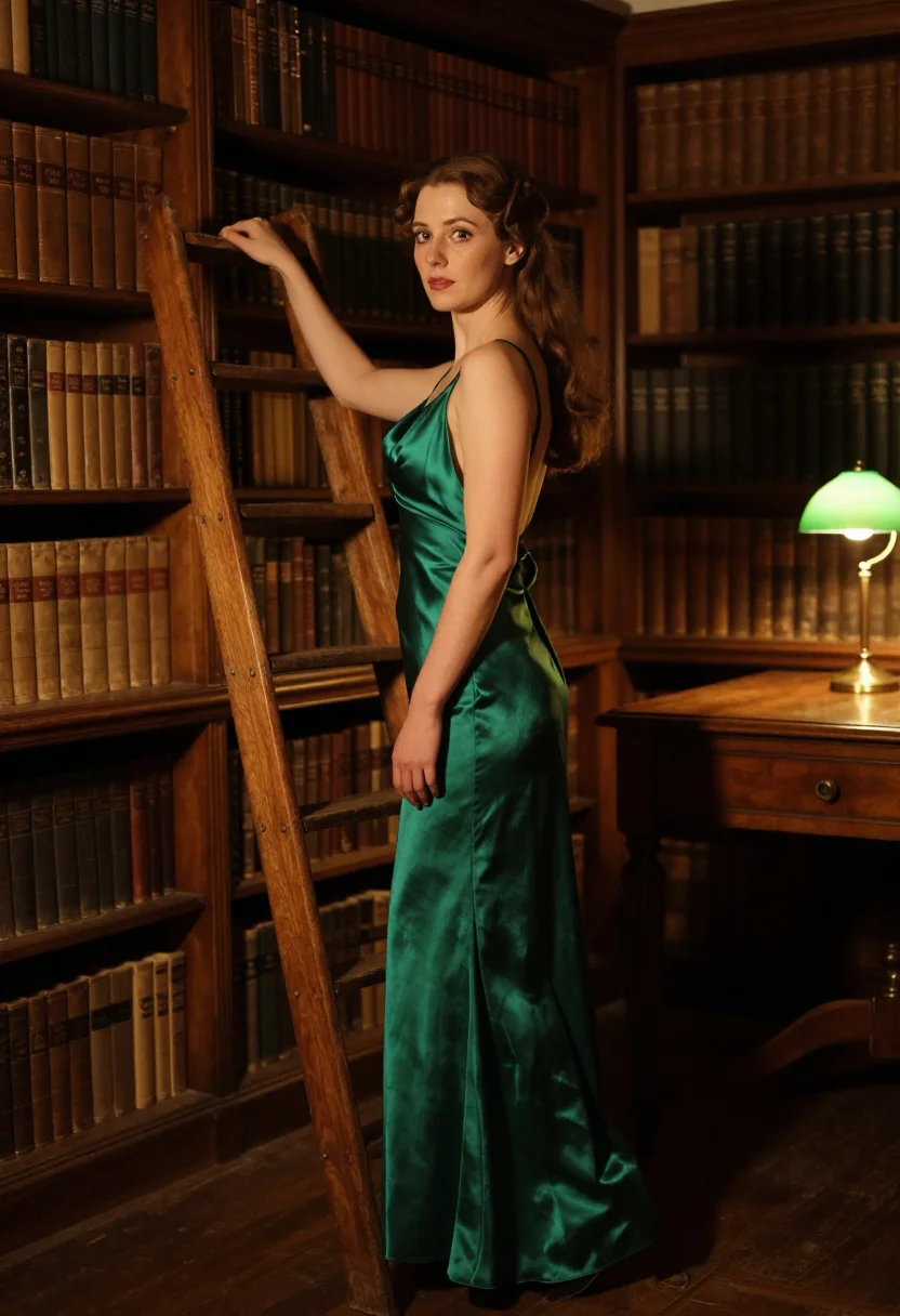 AI library green sample — portrait of a woman, an adult woman with warm honey skin, standing by the shelves from the rear