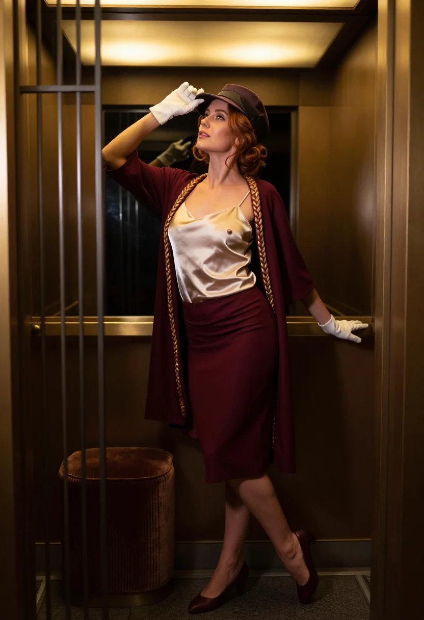 AI lift operator sample — portrait of a woman, a Western-European woman in her late twenties, between floors in the open jacket