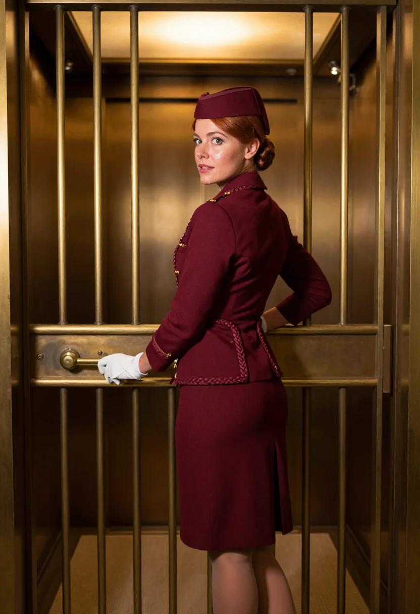 AI lift operator sample — portrait of a woman, a Western-European woman in her late twenties, in the full uniform from the rear