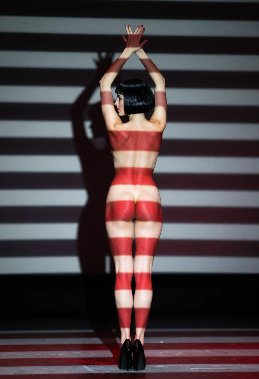 AI light cabaret sample — portrait of an adult woman, rear-view standing portrait with arms raised