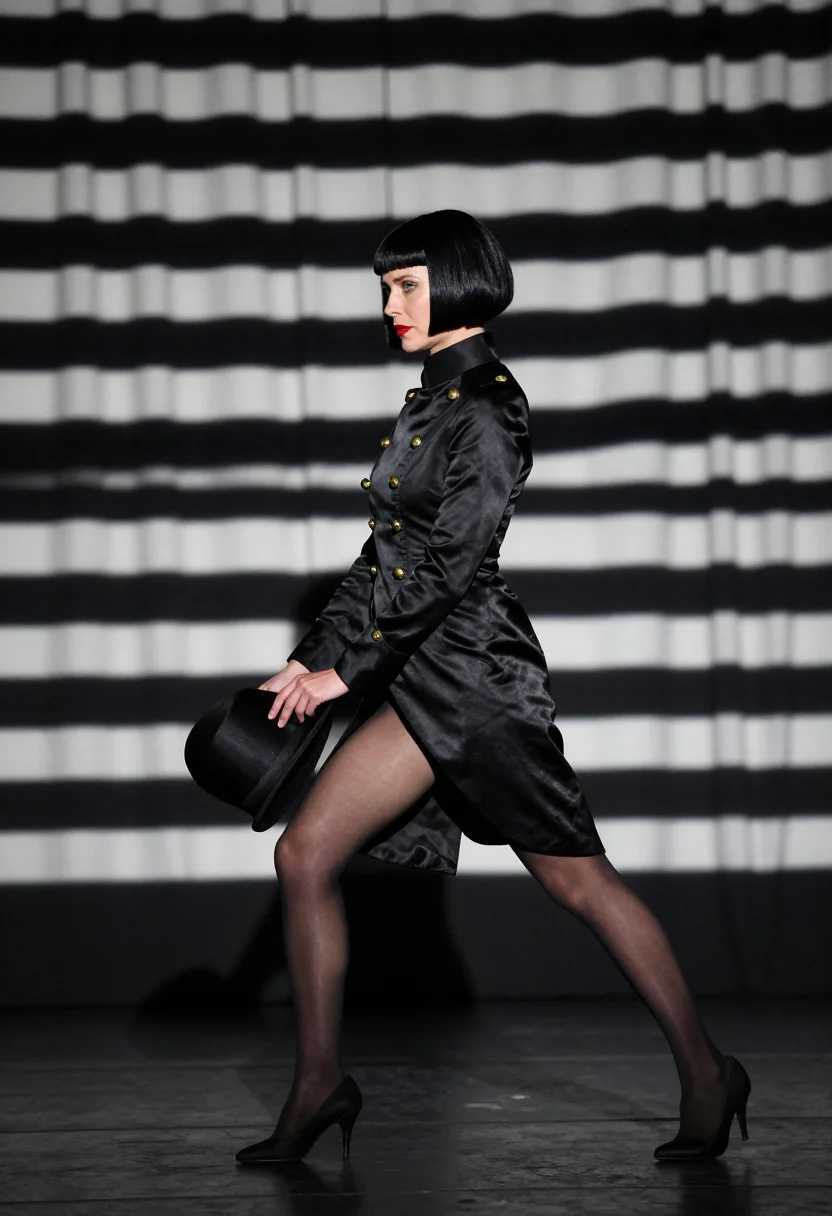 AI light cabaret sample — portrait of an adult woman, side-on full-length view in the striped light