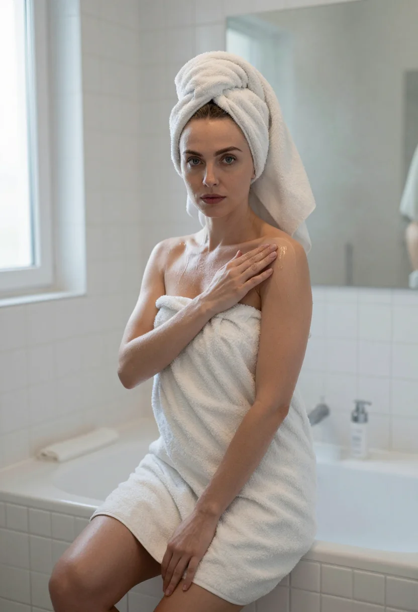 AI lotion commercial sample — photograph of a grown woman, Western-European, with pale ski