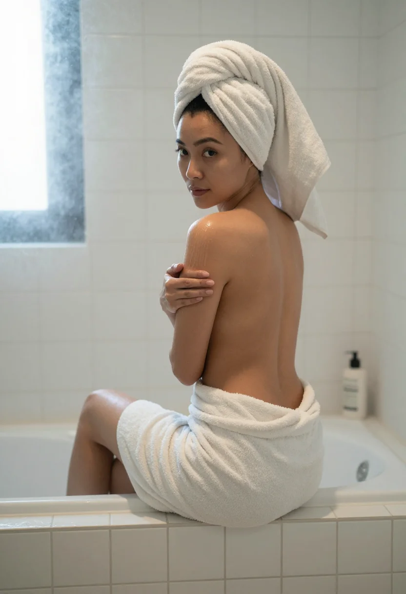AI lotion commercial sample — photograph of a grown woman, East-Asian, with warm golden sk