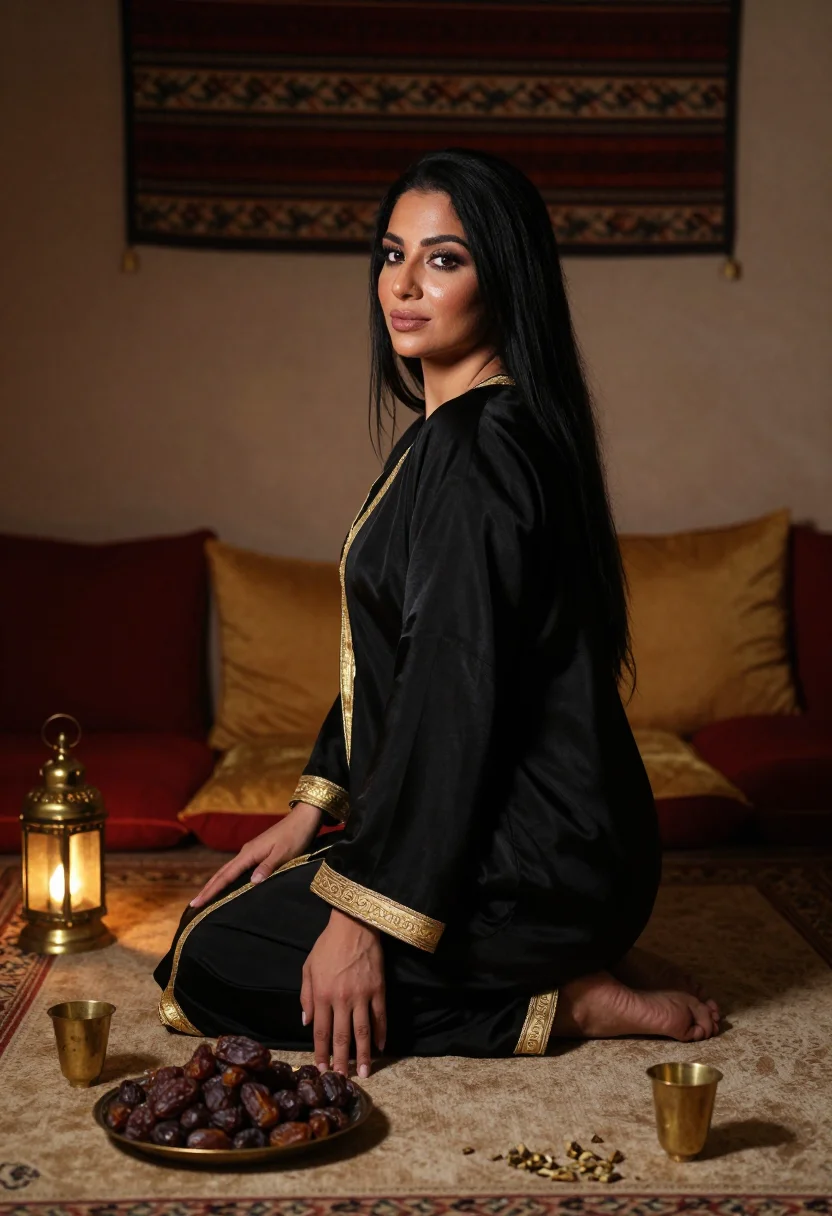 AI majlis after guests sample — portrait of an adult woman, three-quarter rear, seated in the gold-edged shayla by the lamp