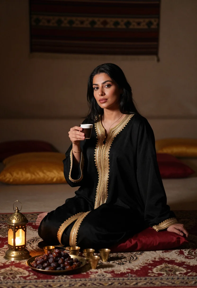 AI majlis after guests sample — portrait of an adult woman, half-length three-quarter, a cup in her hand among the cushions