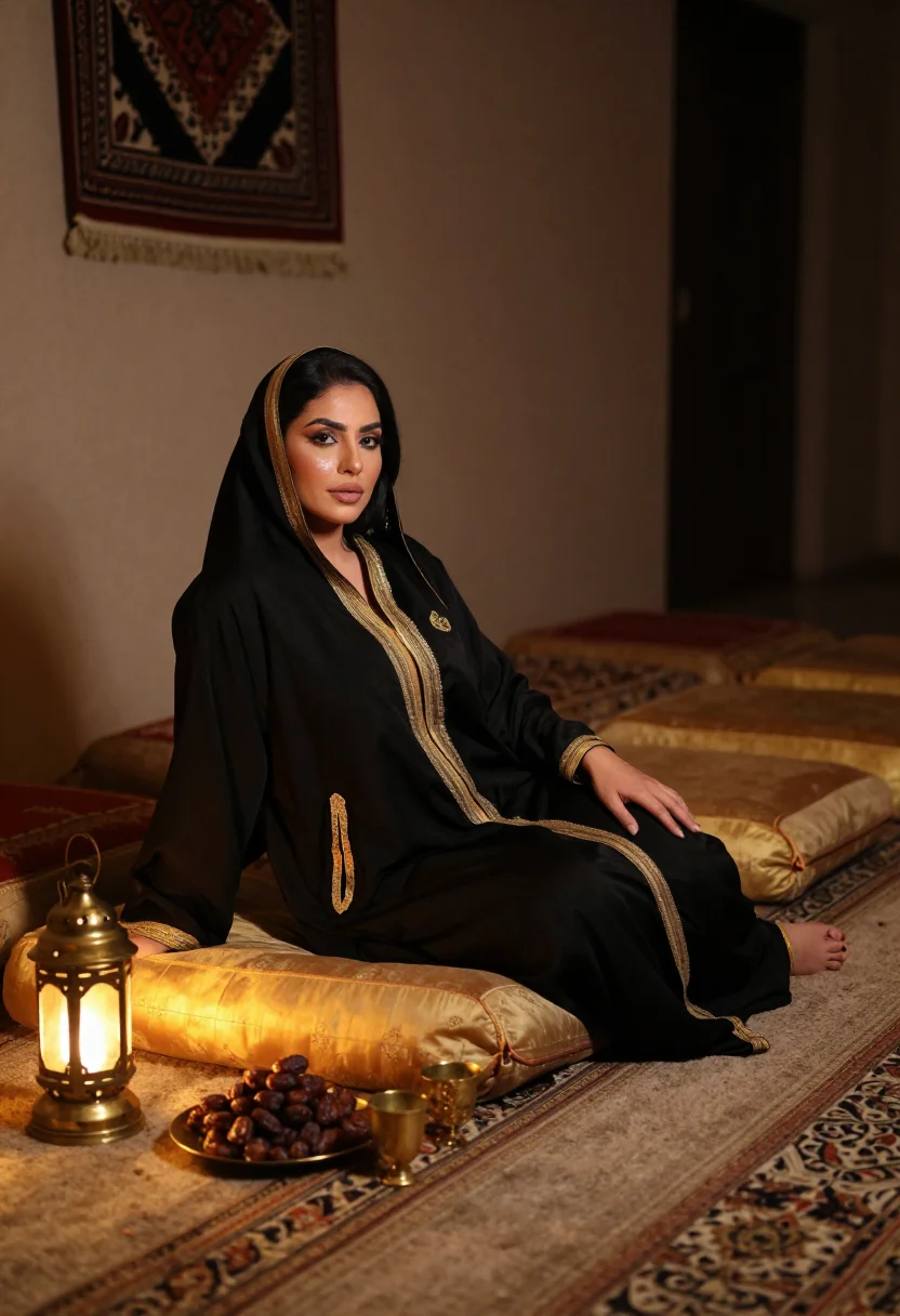 AI majlis after guests sample — portrait of an adult woman, full-length side-profile, the jalabiya pushed off her shoulders