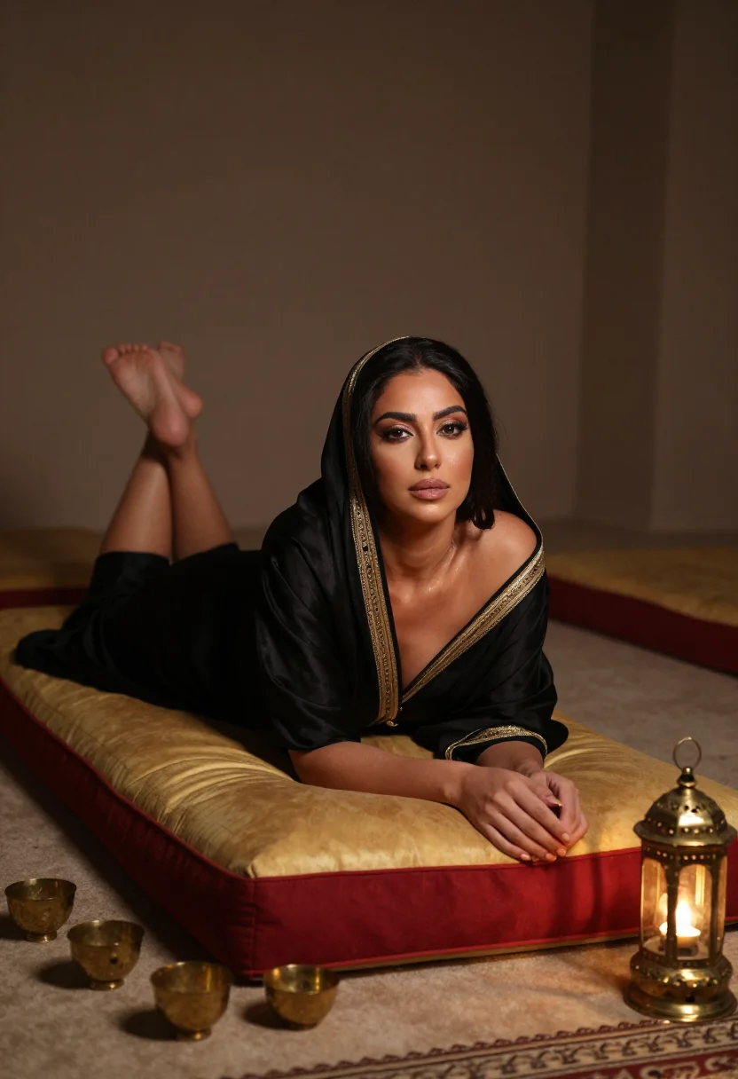 AI majlis after guests sample — portrait of an adult woman, full-length prone, bare but for the shayla and a gold anklet